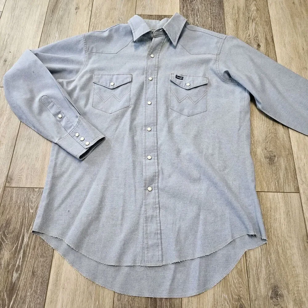 Wrangler Vintage Chambray Light Blue Denim Pearl Snap Western Shirt Men's Large